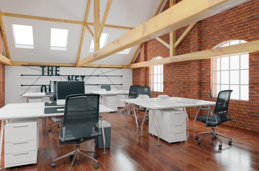 Modern bright coworking office interior. 3d rendering mock up toned image