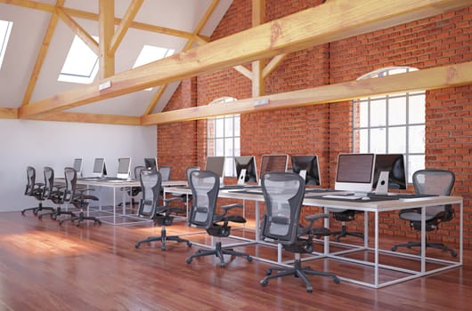 Modern bright coworking office interior. 3d rendering mock up toned image