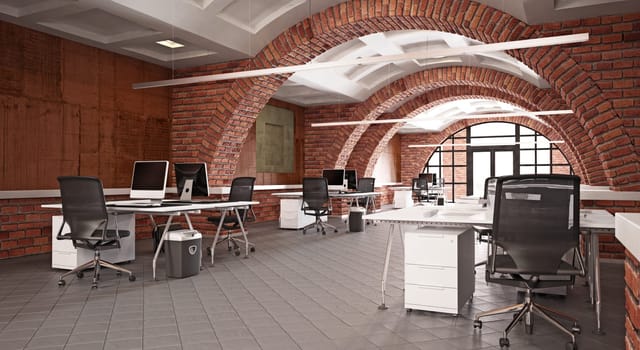 Interior of a modern office with brick walls and floor. 3d rendering