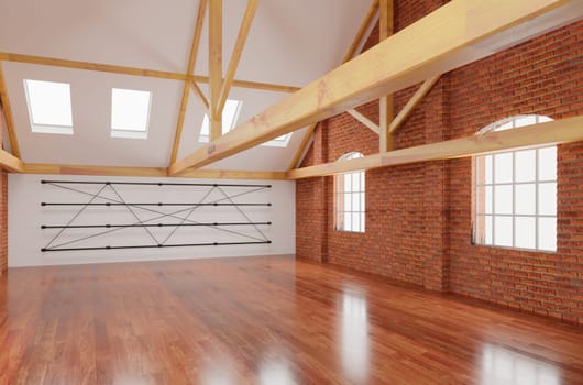interior of the attic with brick walls and wooden floor, 3d render