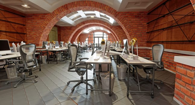 Interior of a modern office with brick walls and floor. 3d rendering