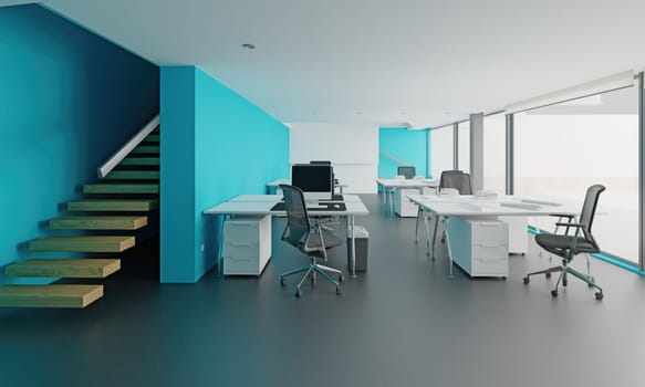 Interior of modern office with blue walls, concrete floor, rows of white computer tables with chairs and stairs. 3d rendering