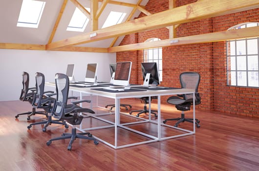 Modern bright coworking office interior. 3d rendering mock up toned image