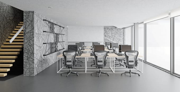 Interior of modern office with walls, concrete floor, rows of white computer tables with chairs and stairs. 3d rendering