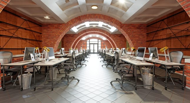Interior of a modern office with brick walls and floor. 3d rendering