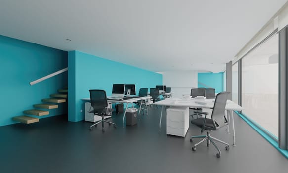 Interior of modern office with blue walls, concrete floor, rows of white computer tables with chairs and stairs. 3d rendering