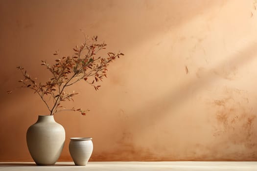 Oriental interior in natural earthy tones. Clay pot, vase in the interior.