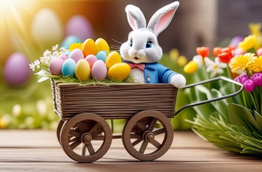 Easter symbol concept. Cute white bunny sitting in a tiny cart full of Easter eggs and flowers, card