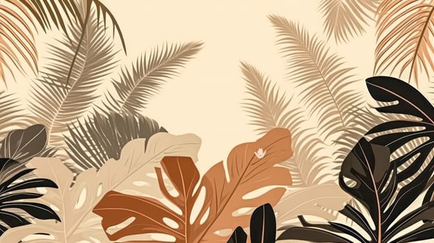 Elevate your design with a tropical seamless border. Watercolor exotic leaves on a soothing beige background, creating an elegant and versatile wallpaper.