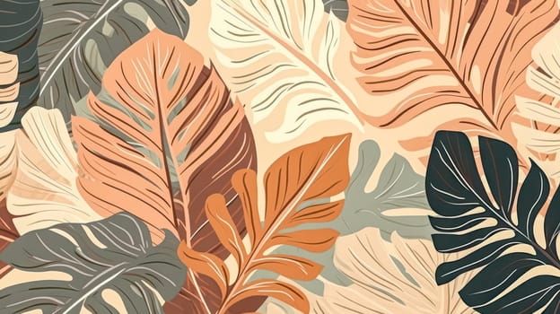 Elevate your design with a tropical seamless border. Watercolor exotic leaves on a soothing beige background, creating an elegant and versatile wallpaper.