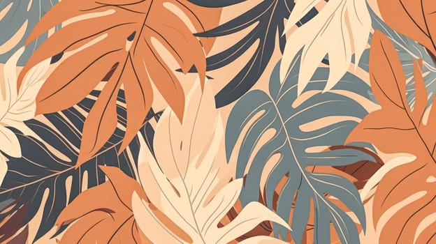 Elevate your design with a tropical seamless border. Watercolor exotic leaves on a soothing beige background, creating an elegant and versatile wallpaper.