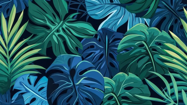 Transform your project with turquoise and green tropical leaves. This seamless graphic design features amazing palms, ideal for fashion, interior, wrapping, and packaging. Realistic palm leaves add a touch of exotic allure.