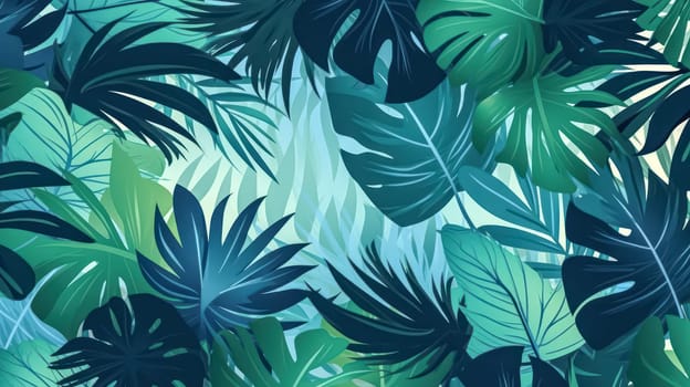 Transform your project with turquoise and green tropical leaves. This seamless graphic design features amazing palms, ideal for fashion, interior, wrapping, and packaging. Realistic palm leaves add a touch of exotic allure.