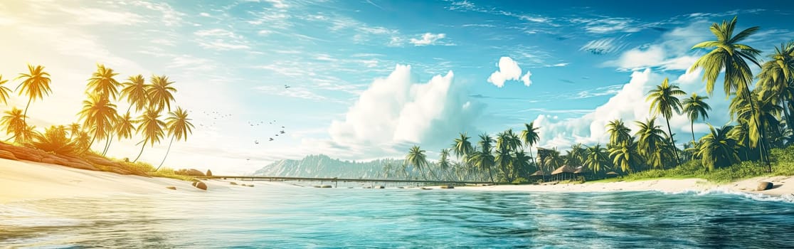 Tropical bliss on a paradise islands palm fringed beach. Turquoise waters and exotic palm trees create an idyllic scene of relaxation and serenity.