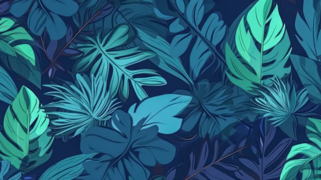 Transform your project with turquoise and green tropical leaves. This seamless graphic design features amazing palms, ideal for fashion, interior, wrapping, and packaging. Realistic palm leaves add a touch of exotic allure.