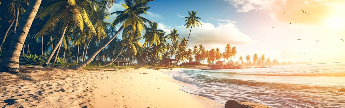 Tropical bliss on a paradise islands palm fringed beach. Turquoise waters and exotic palm trees create an idyllic scene of relaxation and serenity.