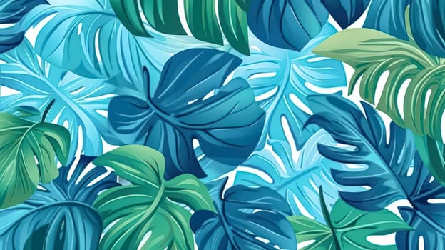 Transform your project with turquoise and green tropical leaves. This seamless graphic design features amazing palms, ideal for fashion, interior, wrapping, and packaging. Realistic palm leaves add a touch of exotic allure.