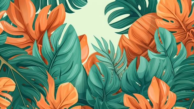 Elevate your design with a tropical seamless border. Watercolor exotic leaves on a soothing beige background, creating an elegant and versatile wallpaper.