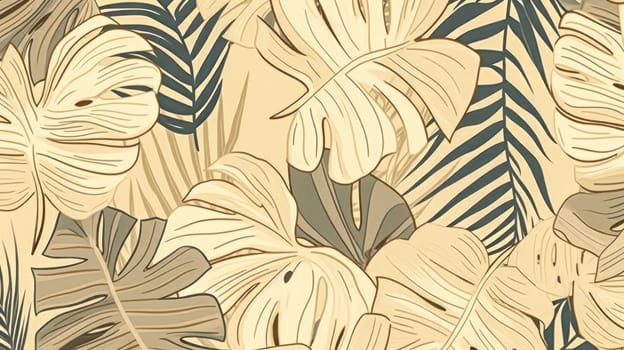 Elevate your design with a tropical seamless border. Watercolor exotic leaves on a soothing beige background, creating an elegant and versatile wallpaper.
