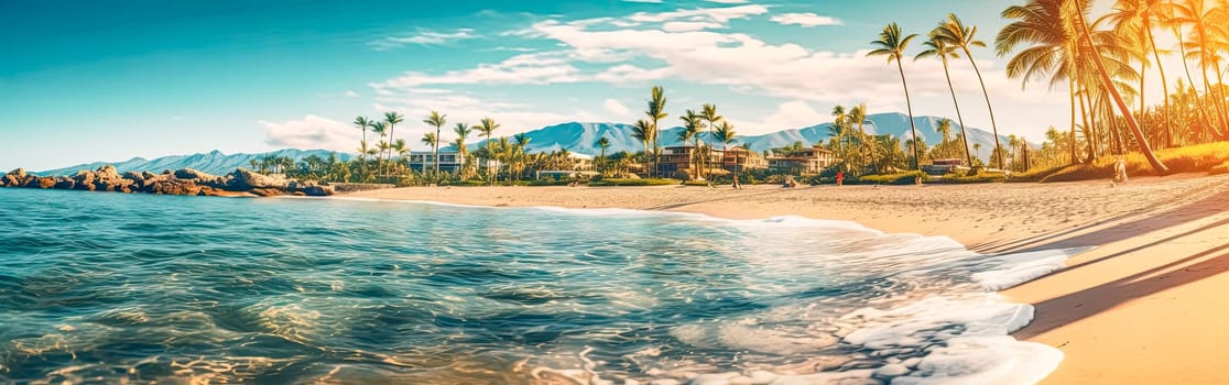 Tropical bliss on a paradise islands palm fringed beach. Turquoise waters and exotic palm trees create an idyllic scene of relaxation and serenity.