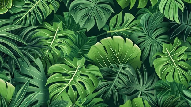Immerse your designs in tropical bliss with this seamless pattern. Realistic botanical illustrations of lush leaves create a Hawaiian background for a captivating touch.