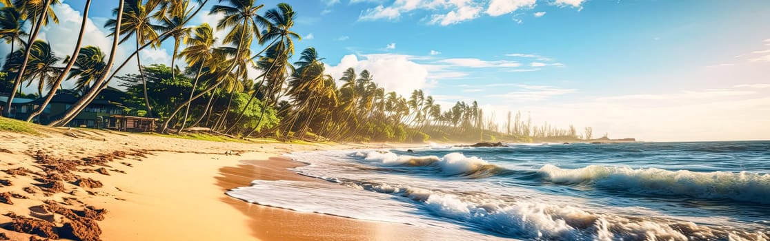 Tropical bliss on a paradise islands palm fringed beach. Turquoise waters and exotic palm trees create an idyllic scene of relaxation and serenity.