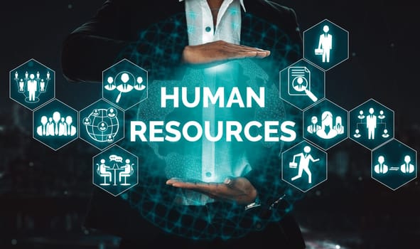 Human Resources Recruitment and People Networking Concept. Modern graphic interface showing professional employee hiring and headhunter seeking interview candidate for future manpower. uds