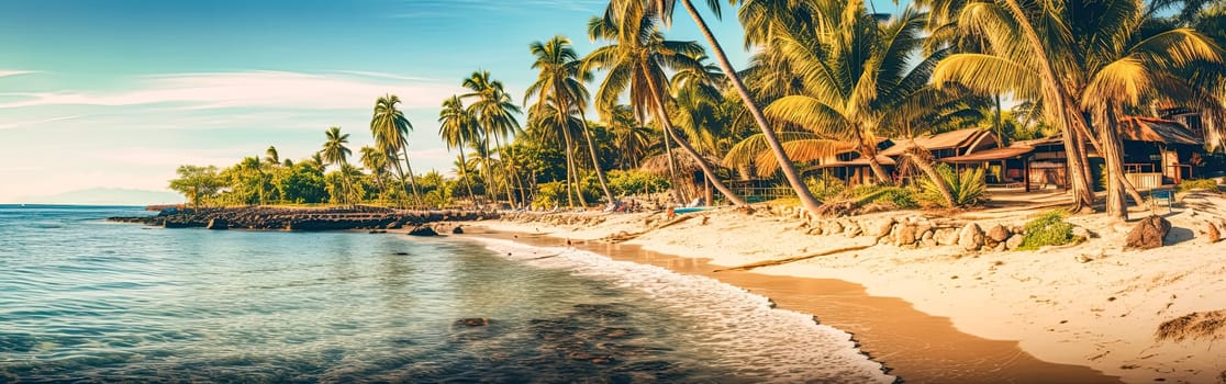 Tropical bliss on a paradise islands palm fringed beach. Turquoise waters and exotic palm trees create an idyllic scene of relaxation and serenity.