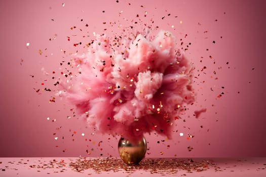 Vase with pink cloud and gold confetti on a pink background.