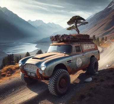 rusty dirt offroad 4x4 lifted vintage custom camper conversion jeep overlanding in mountain roads, nomadic lifestyle, adventure living, ai generated