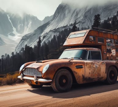 rusty dirt offroad 4x4 lifted vintage custom camper conversion jeep overlanding in mountain roads, nomadic lifestyle, adventure living, ai generated