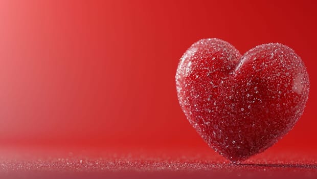 Frozen Heart. A heart covered with a layer of ice and frost on a red background. Space for text. High quality photo. Copy space. Iced red heart.