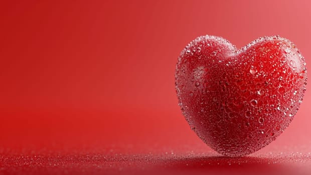 Frozen Heart. A heart covered with a layer of ice and frost on a red background. Space for text. High quality photo. Copy space. Iced red heart.