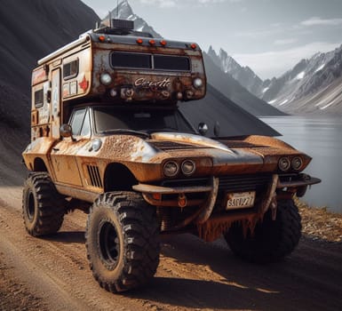 rusty dirt offroad 4x4 lifted vintage custom camper conversion jeep overlanding in mountain roads, nomadic lifestyle, adventure living, ai generated