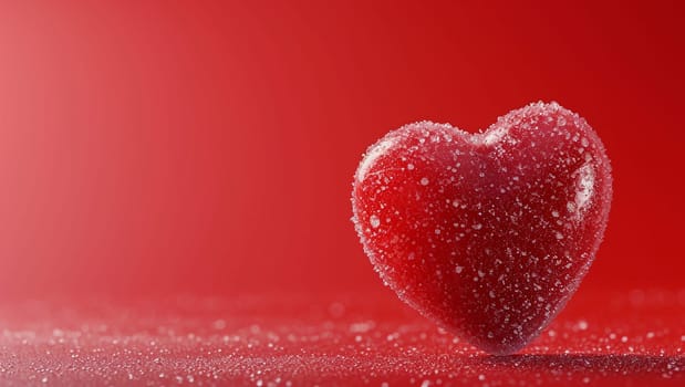 Frozen Heart. A heart covered with a layer of ice and frost on a red background. Space for text. High quality photo. Copy space. Iced red heart.