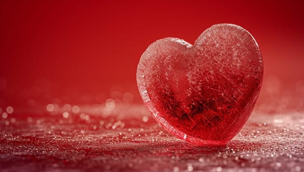 Frozen Heart. A heart covered with a layer of ice and frost on a red background. Space for text. High quality photo. Copy space. Iced red heart.