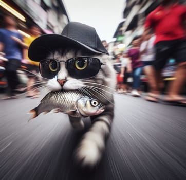 funny cat confident wear cap and sunglass escape walk quiet from market with stolen raw sad fish ai art generated