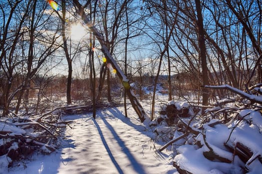 The empty wooden table top with blur background of winter in Finland. Exuberant image.