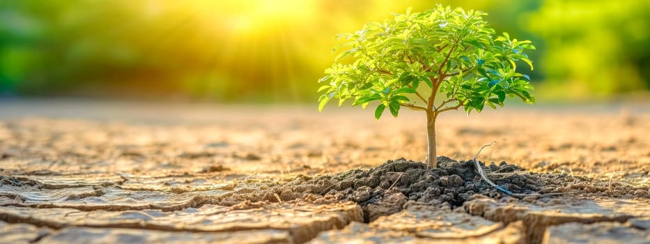Green sapling on cracked earth under golden sunlight, a beacon of life amid desolation, banner with copy space
