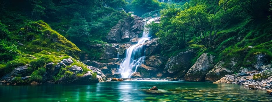 Serene mountain waterfall into a tranquil pool, surrounded by lush greenery under soft sunlight, banner
