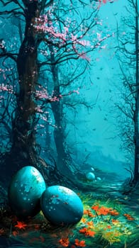 Easter. Enchanted forest with mystical eggs and blooming cherry blossoms, a magical spring awakening vertical