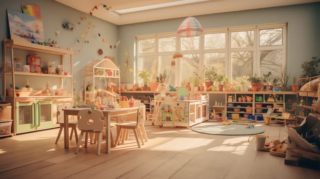 Cozy classroom with wooden toys and educational stations bathed in morning light.