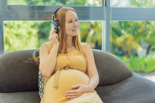 Expectant mom finds joy in her pregnancy, listening to soothing music for a serene and harmonious connection with her unborn baby.