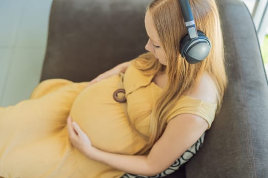 Expectant mom finds joy in her pregnancy, listening to soothing music for a serene and harmonious connection with her unborn baby.