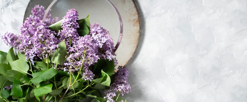 branch of purple lilac on a silver plate on a cement gray background with space for text concept of early spring flowers, High quality photo