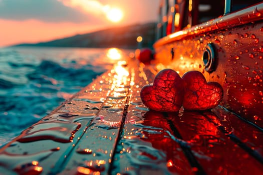 The colors of the setting sun show two hearts of amber that stand on the wet deck of a modern yacht.