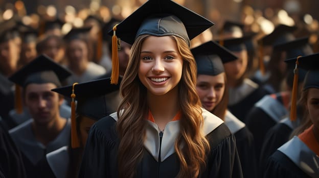 Portrait of a beautiful graduate girl, against the background of group of graduates.