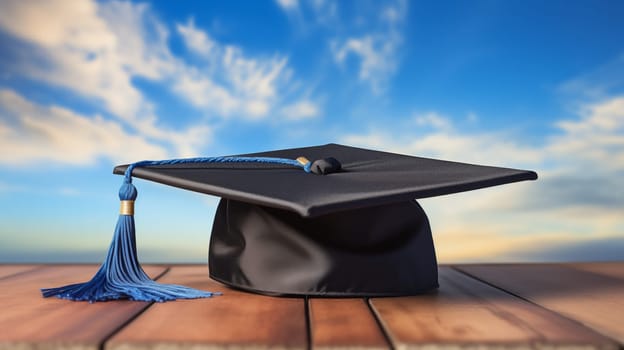 A graduation hat with a blue tassel lies on a wooden table outside against a blue sky background.