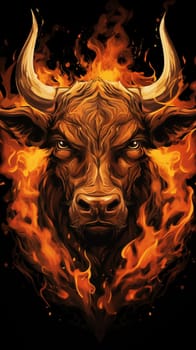 Head of bull, in fire, on a black background, cartoon style. Vertical