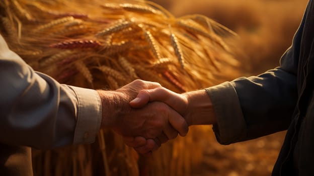 Handshake of two farmers against the backdrop of a farmer's field with golden wheat. Close up